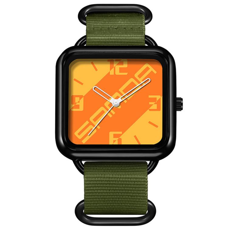 Square water-resistant quartz watch with black case and orange dial, dark green nylon strap