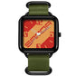 Square water-resistant quartz watch with black case and red/orange dial, dark green nylon strap