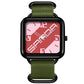 Square water-resistant quartz watch with black case and pink/red dial, dark green nylon strap