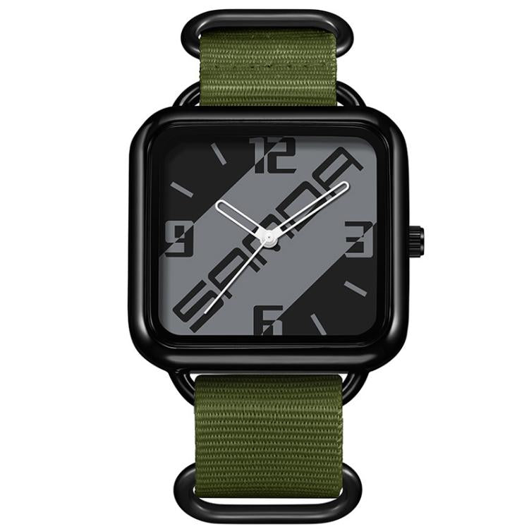 Square quartz watch with black case, dark green dial, and olive nylon strap