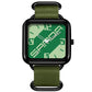 Square quartz watch with black case, green dial, and olive green nylon strap