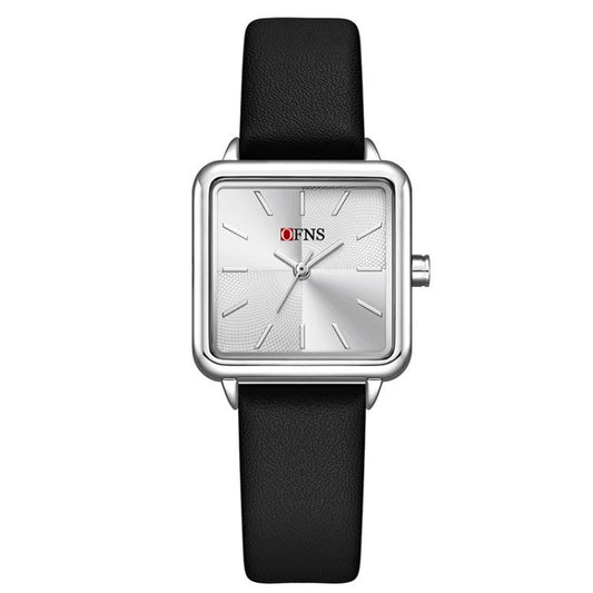 Ladies waterproof quartz watch with black leather strap and silver-tone square case