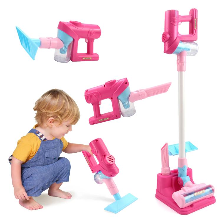 Children’s pretend electric vacuum cleaner toy with pink base and light-up wand