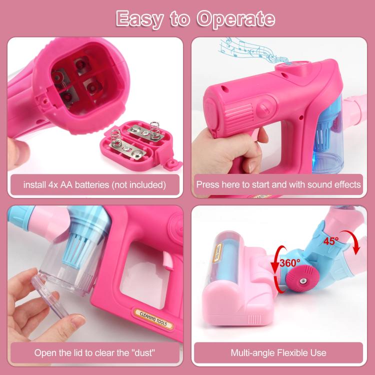 Pink vacuum toy with clear dust lid, flexible nozzle, and sound-effect start button