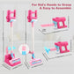 Pink pretend vacuum cleaner with base stand and blue nozzle tips, size shown