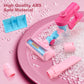 Pink pretend play electric vacuum cleaner toy with interchangeable attachments and dust-catching parts