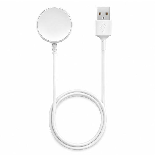 White magnetic USB watch charging cable with round charging puck and USB-A plug