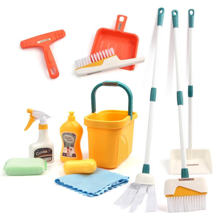 Children's mini cleaning play kit with mop, broom, dustpan, spray bottle, bucket and cloths