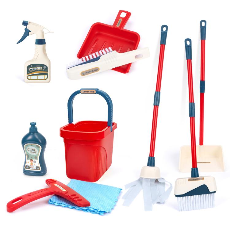 Children's cleaning play set with red dustpan, mops, broom, spray bottle, bucket, and cloth