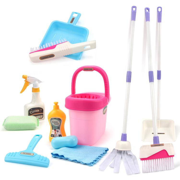 Children's mini cleaning kit with pink bucket, mop heads, brushes, spray bottle, and cloth
