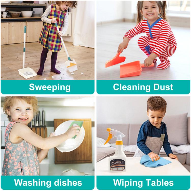 Toy cleaning kit with dustpan, broom, spray bottle, and wiping brush used by kids
