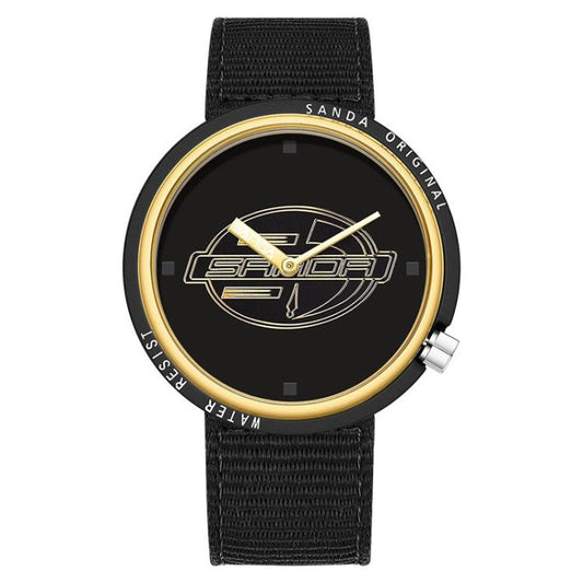 SANDA slim student watch with black nylon strap and gold-tone bezel, black dial.