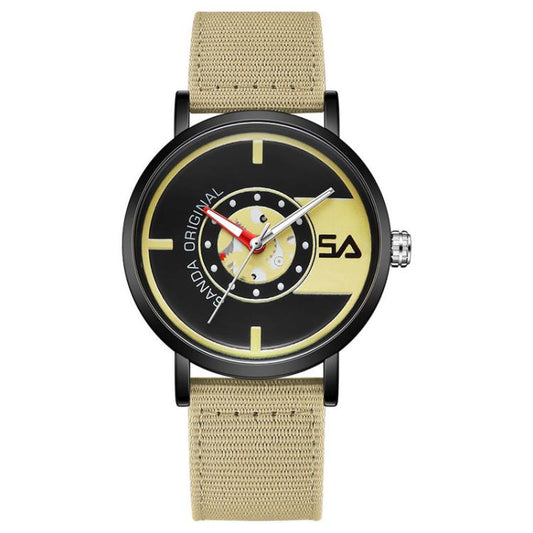Waterproof analog student watch with khaki nylon strap and yellow-black dial