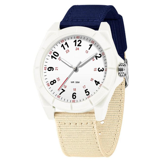 White analog watch with blue and beige nylon strap, round white dial and markers