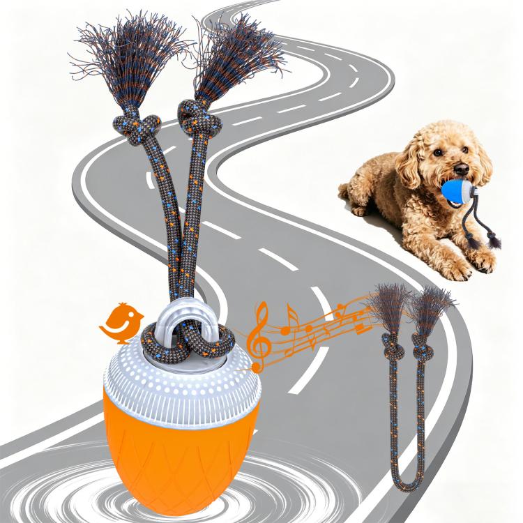 Orange automatic pet toy ball with white top, dark rope, and two brushy tails