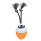 Orange automatic pet toy ball with white ridged top and dark rope with brush ends