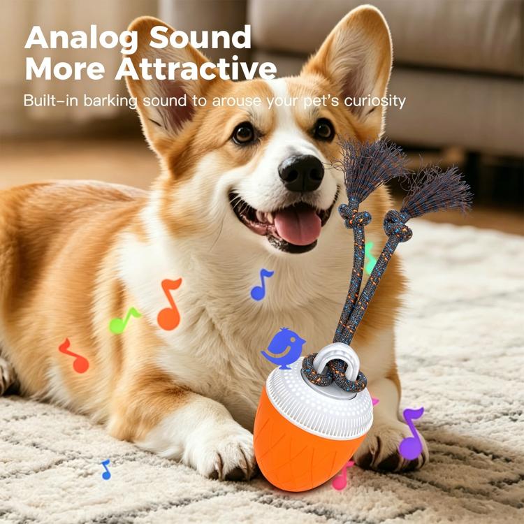 Orange automatic pet toy ball with rope tassels, light and sound accents