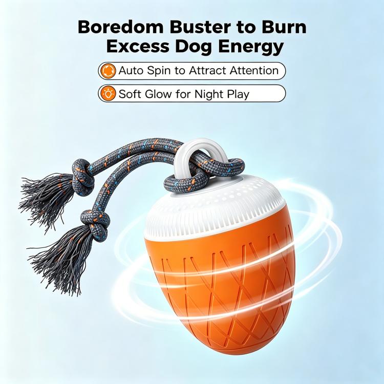 Orange automatic pet toy ball with white top, dark rope, and glowing motion rings