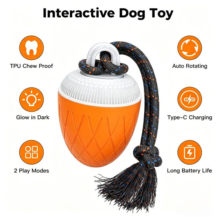 Orange interactive dog toy ball with white top and dark rope with brushy strands