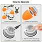 Orange automatic dog toy ball with white lid and dark rope; charging and mode controls
