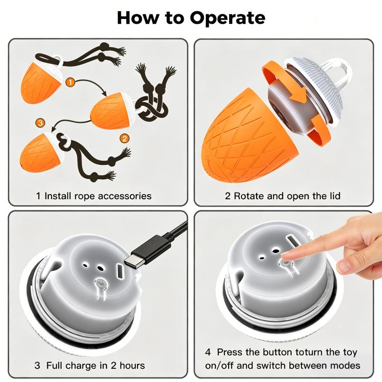 Orange automatic dog toy ball with white lid and dark rope; charging and mode controls