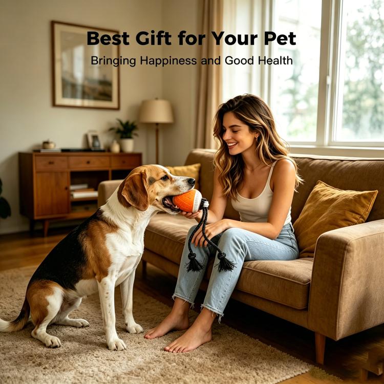 Orange automatic pet toy ball with white top and dark rope, with dog and person on sofa