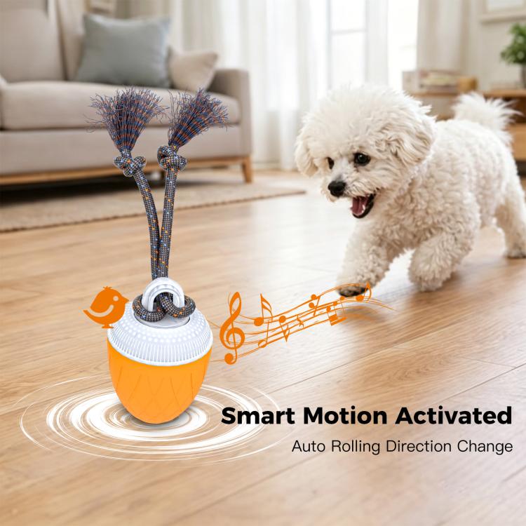 Orange automatic pet toy ball with white top, dark rope, and sound motion lines on floor