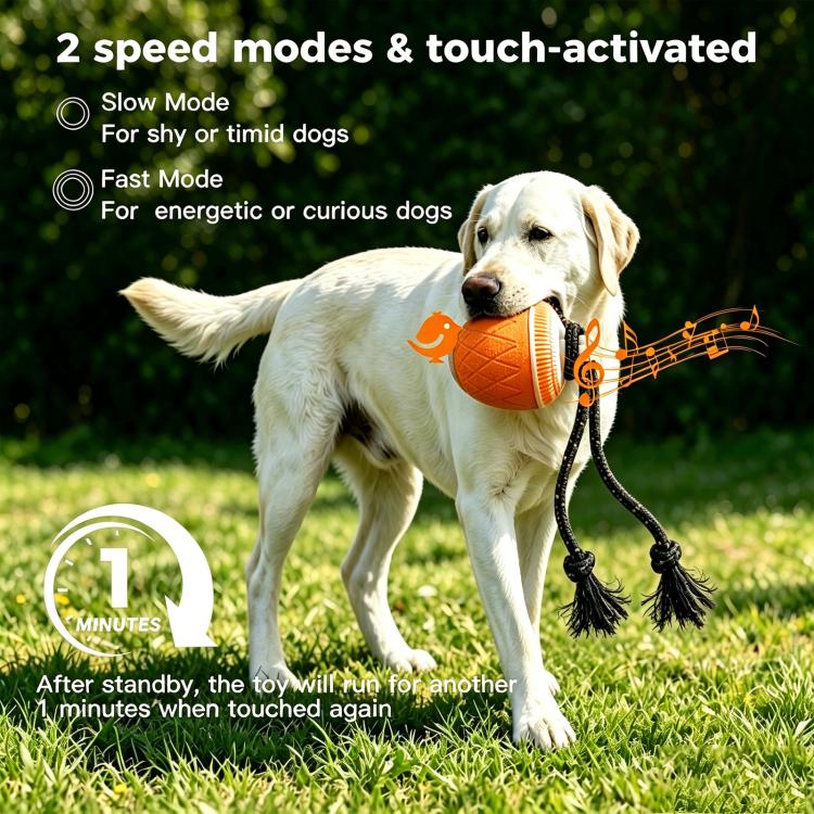 Orange automatic pet toy ball with white top, dark rope, and glowing speed icons over dog