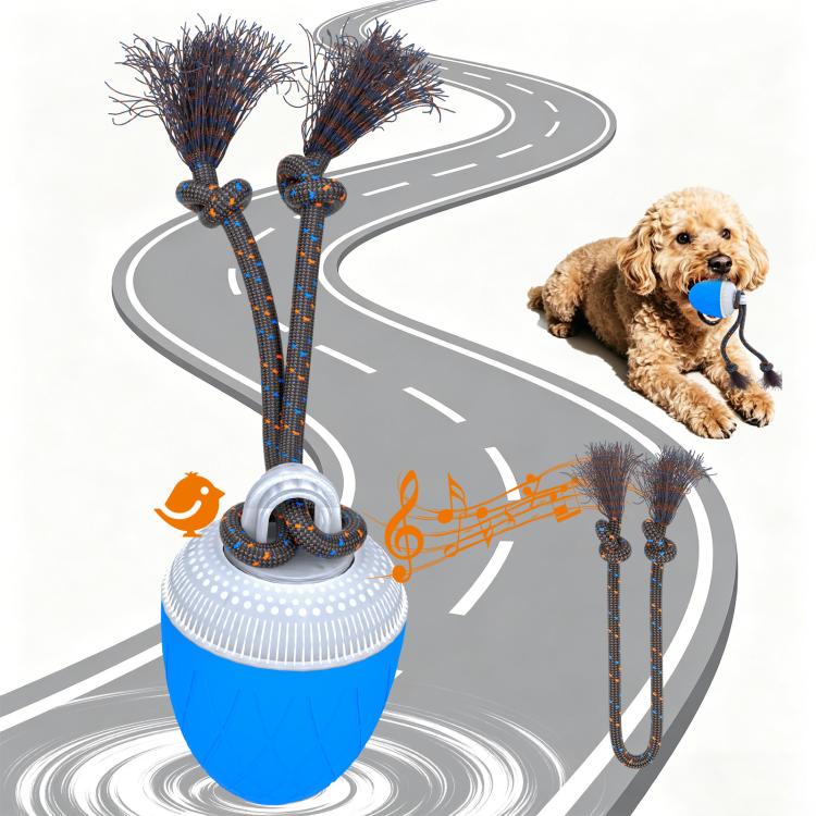 Blue automatic pet toy ball with rope tassels and sound-note graphics