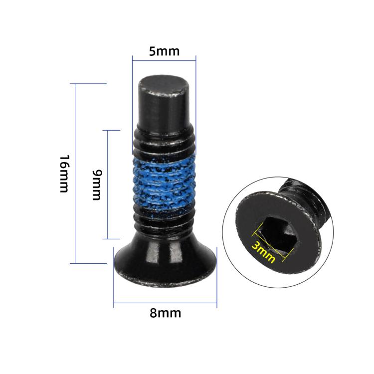 Extended front scooter screw with blue thread sealant, black hex-head with size markings