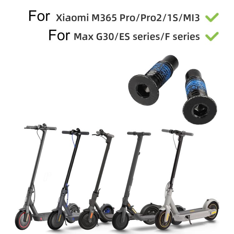 Set of extended front scooter screws with blue thread sealant and black hex heads