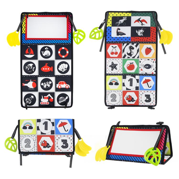 Foldable cloth book toy with mirror, black cover and colorful animal/number icon panels.