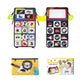 Foldable cloth book toy with mirror, black cover and colorful animal/number grid panels.