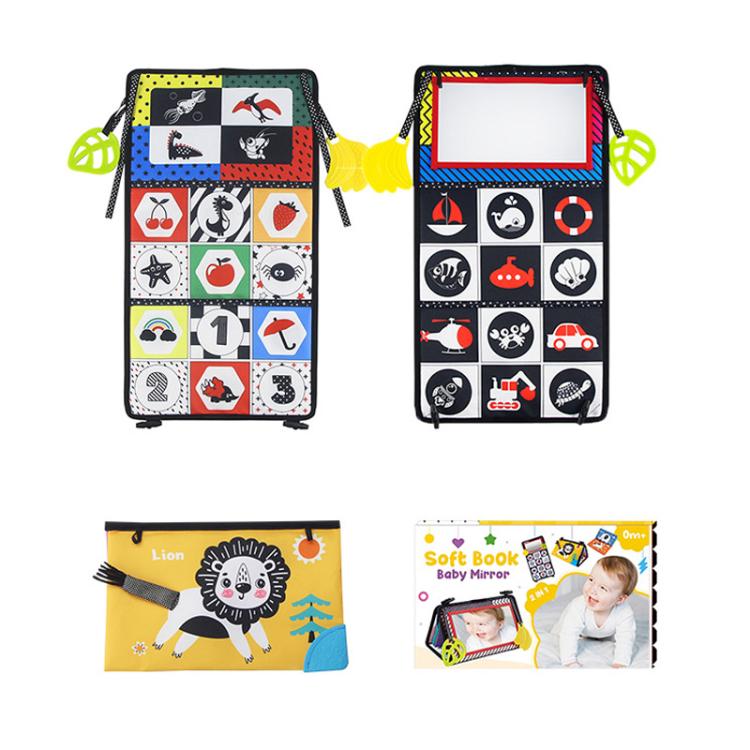 Foldable cloth book toy with mirror, black cover and colorful animal/number grid panels.