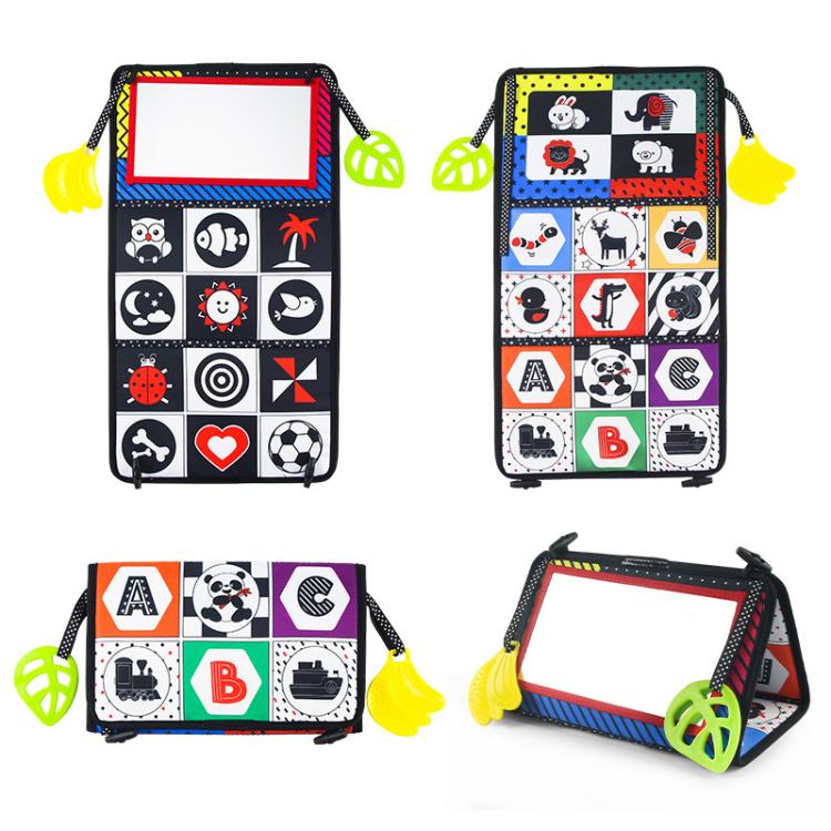 Foldable cloth book toy with mirror, black cover and colorful alphabet/shape icon panels.