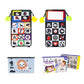 Foldable cloth book toy with mirror, black cover and colorful alphabet/shape icon panels.