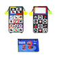 Foldable cloth book toy with mirror, black cover and colorful alphabet/shape icon panels.