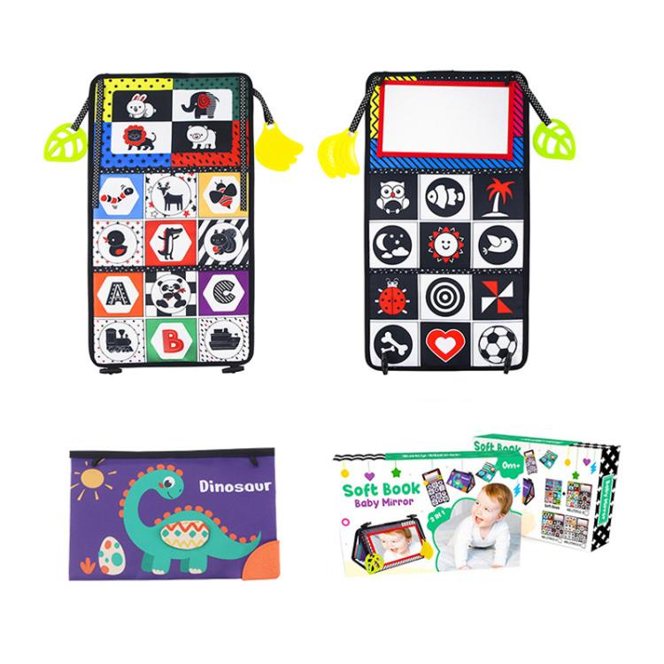 Foldable cloth book toy with mirror, black cover and colorful alphabet/shape icon panels.