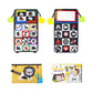 Foldable cloth book toy with mirror, black cover and colorful alphabet/shape icon panels.