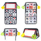 Foldable cloth book toy with mirror, black cover and colorful alphabet/shape icon panels.