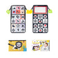 Foldable cloth book toy with animal icon pages and red-bordered baby mirror panel