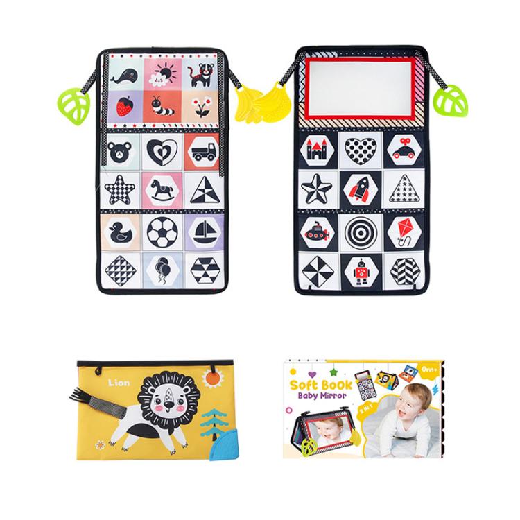 Foldable cloth book toy with animal icon pages and red-bordered baby mirror panel