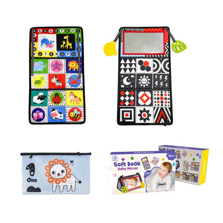 Foldable cloth book toy with alphabet tiles and red-bordered baby mirror panel