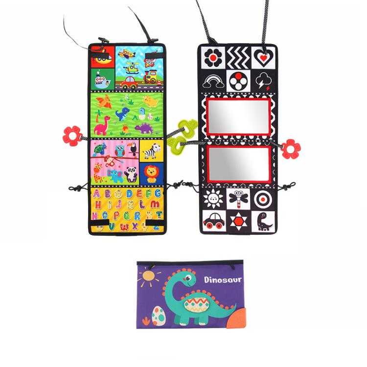 Hanging foldable cloth book toy with colorful animal pages and double red mirrors