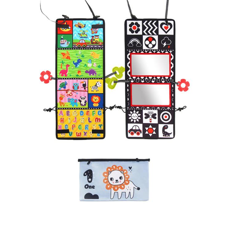 Hanging foldable cloth book toy with colorful animal pages and double red mirrors