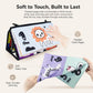 Padded foldable cloth book with animal and number pages, stitched edges and soft fabric