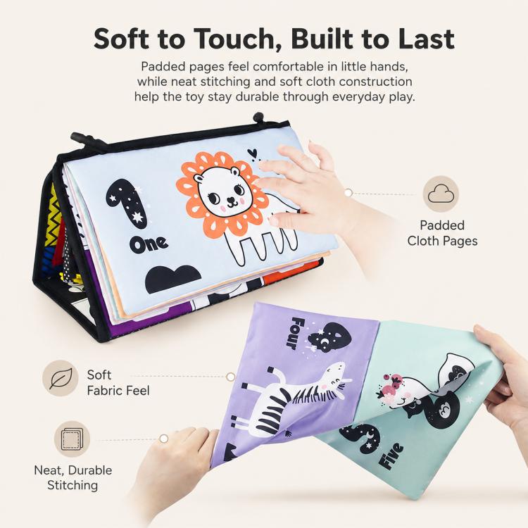 Padded foldable cloth book with animal and number pages, stitched edges and soft fabric