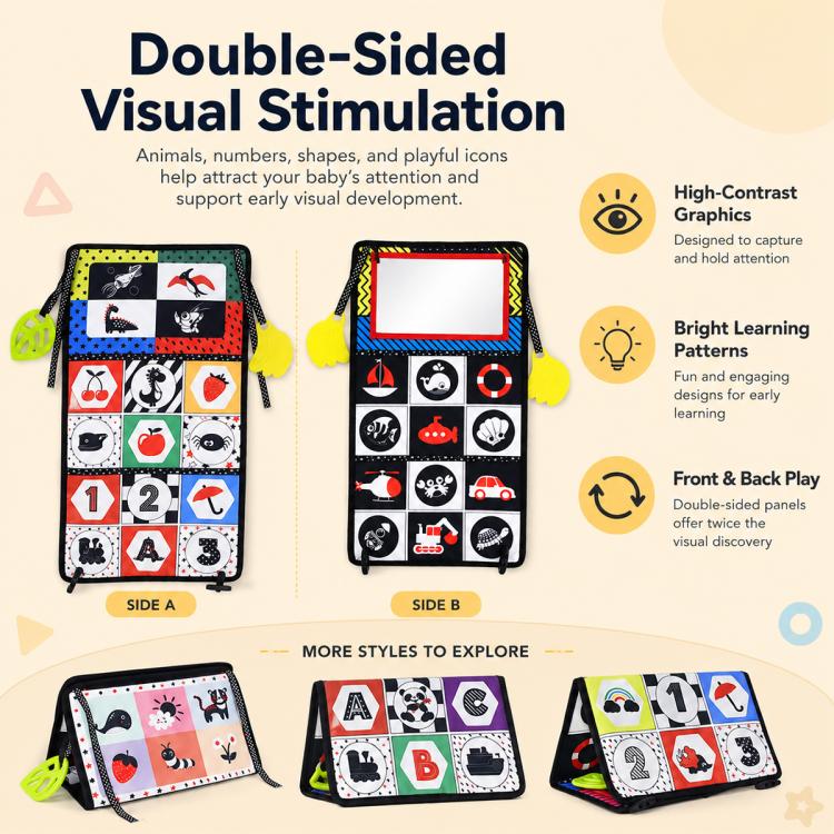 Double-sided foldable cloth baby book toy with mirror window and high-contrast icons