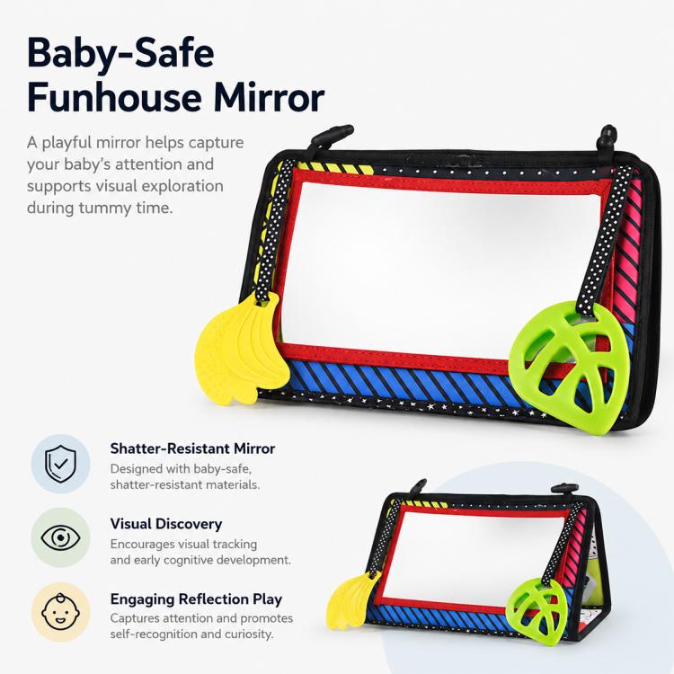 Foldable cloth baby mirror toy with shatter-resistant mirror window and teether grips