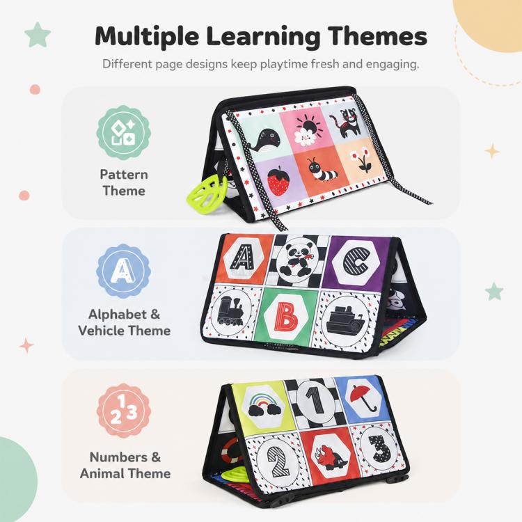 Foldable cloth baby book toy with mirror window and learning-themed picture panels